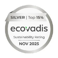 Médaille EcoVadis portant les mentions « SILVER | Top 15 % », « ecovadis », « Sustainability Rating » et « NOV 2025 »