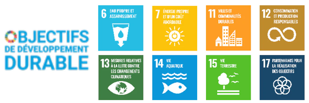 Logo « OBJECTIFS DE DÉVELOPPEMENT DURABLE » et icônes des objectifs 6, 7, 11, 12, 13, 14, 15 et 17
